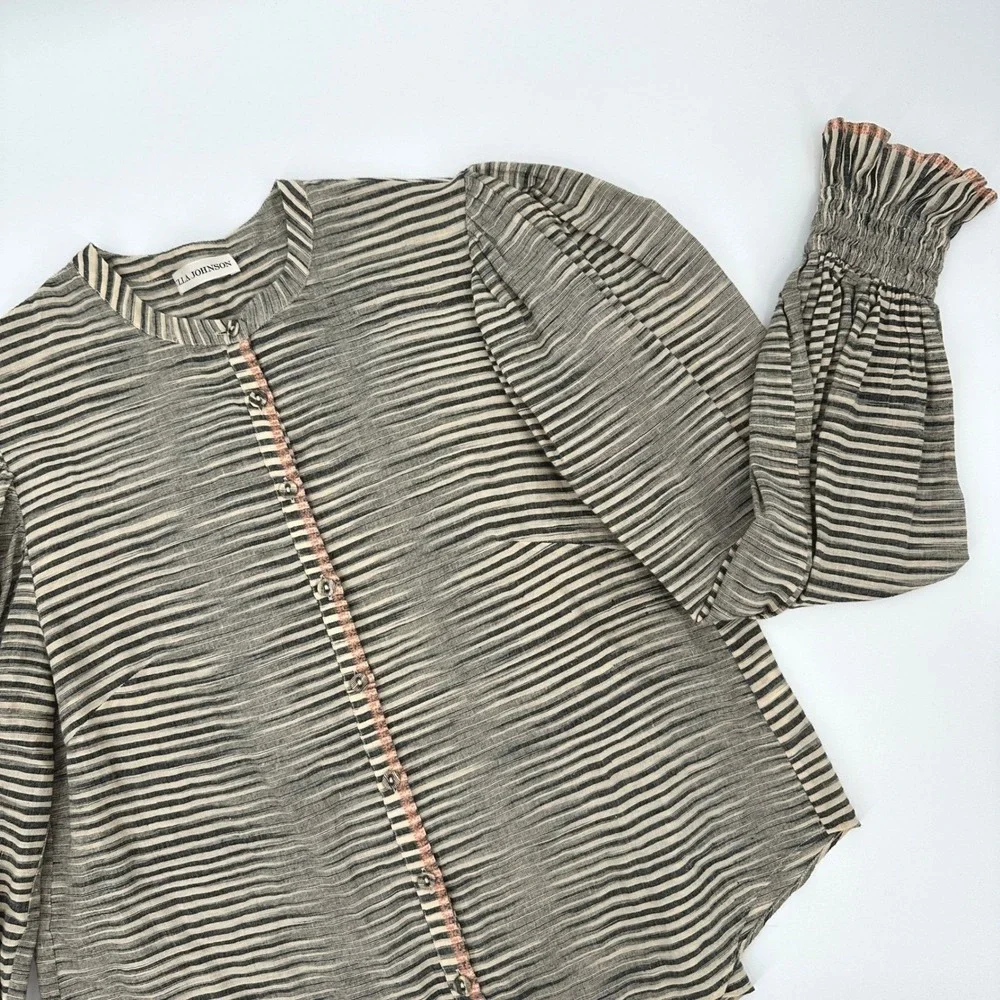 Ulla‎ Johnson Finley Blouse Striped Cotton Puff Sleeve Smocked Cuff Size 4 Small